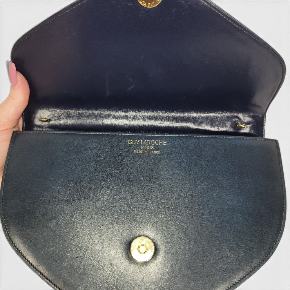 Vintage 1980s Guy Laroche Envelope Bag Navy Blue Leather Crossbody Made In Franc - Picture 4 of 13